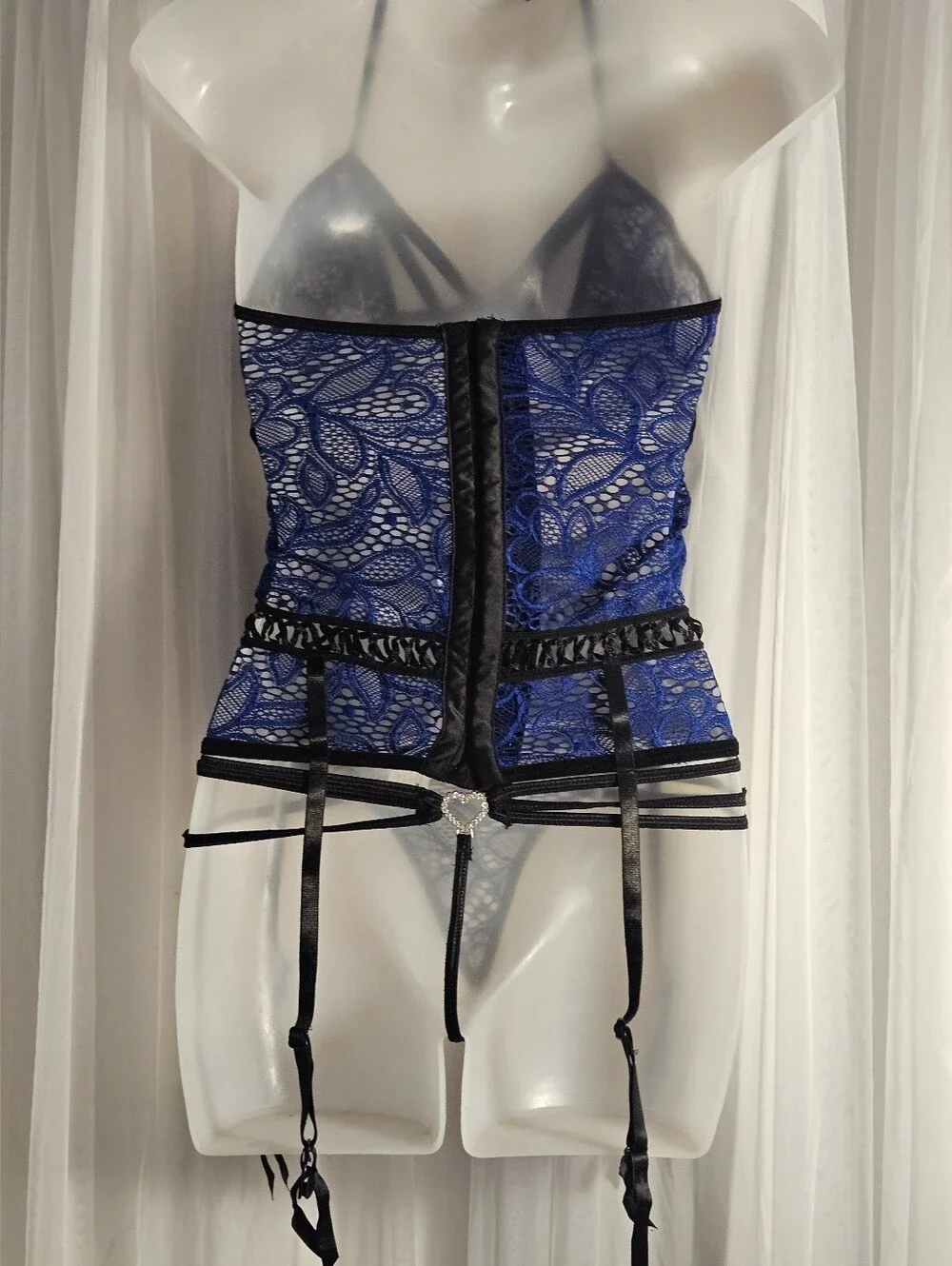 Women's Blue Lace Strappy Lingerie Set by